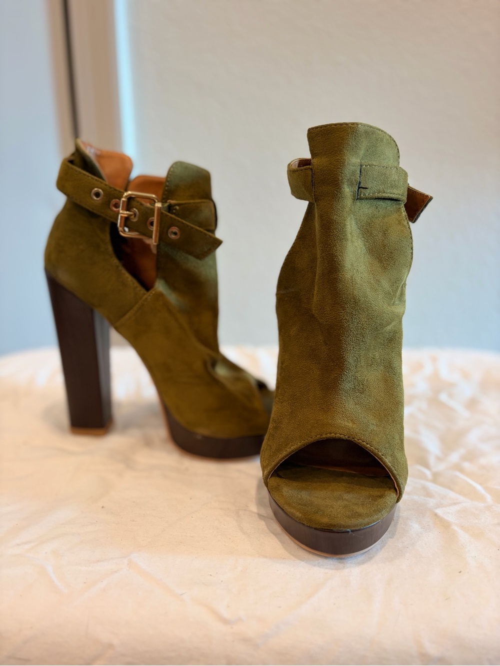 Shoe Republic LA Olive Suede Peep-Toe Platform Ankle Booties